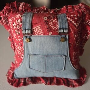 The Wild Rag Red Bandana Print with Blue Denim Overalls Pillow